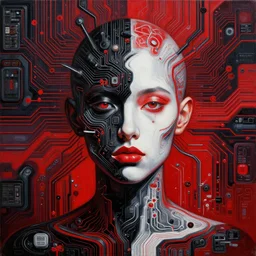 stunning person suffering from jpeg compression, 4 8 0 p, black red white features, exposed rtx 2 0 6 0 circuitry, psychedelic backdrop, high detail, oil on canvas, greg rutkowksi, octane render, ray tracing, abstract composition, trending on artstation,