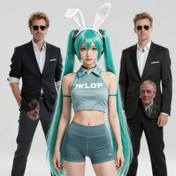 hatsune miku with two white bunny ears wears crop gym top with white lettering, crop yoga short, Advertising photography by Mario Testino, Stanley Artgerm Lau, WLOP, Andrei Riabovitchev, photorealist style, masterpiece, trending on artstation, cgstudio