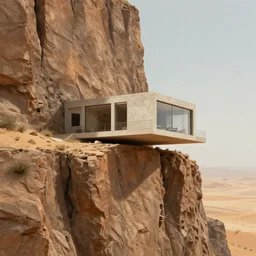 house built on the side of a vertical cliff, brutalist architecture, desert, digital painting, detailed, highly detailed, smooth, sharp focus, 3 d rendering, octane, unreal engine, digital, maya, award winning, trending on artstation