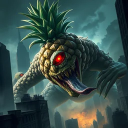 horrific realistic monster pineapple with fangs and a snake tongue, by jack kirby very big, vibrant colors, red glowing eyes, concept art, detailed, high contrast, rim light, back lit, sharp focus, illustration, powerful, attacking a city unreal render