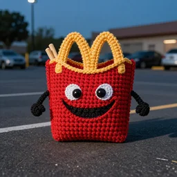crocheted grimace mcdonalds in a parking lot, hyperrealistic, 4k, dynamic shadows, dynamic lighting, twilight hour