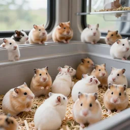 detailed photo of a hamster sitting in a train, various poses, wide shot, unedited, daylight, dof, sharp focus, 8 k