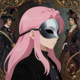 anime, mage, masquerade, vogue, intricate oil painting, trending on artstation, john singer sargent, greg rutkowski, side profile, pink hair, mask