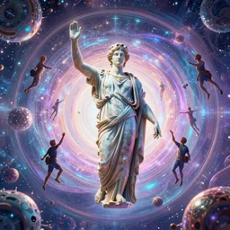 3 d sci - fi cgartist rendering of a hyper realistic greek statuary busy floating at the vast pulsating interdimensional fractal space portal at the psychedelic vaporwave event horizon directed by col price, trending on artstation