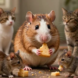 photo, emma watson as anthropomorphic furry - rat, 6 5 4 3, she is a real huge fat rat with rat body, cats! are around, eating cheese, highly detailed, intricate details