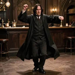 Severus Snape dances in a pub, realistic, full body, very detailed, super realistic