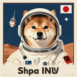 Shiba Inu cosmonaut portrait, mars mission,  60s poster, 1966 Soviet Japanese