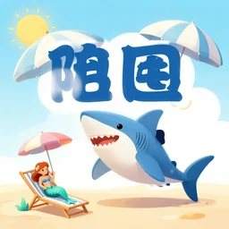 poster design title writing shark with an umbrella and a mermaid tanning, sunshine, watercolor, art style saul bass, graphic design, typography, modern, red and black 8 k