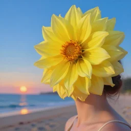 closeup girl with huge yellow dahlia flower face, on a beach, surreal photography, blue sky, sunrise, dramatic light, impressionist painting, digital painting, artstation, simon stalenhag