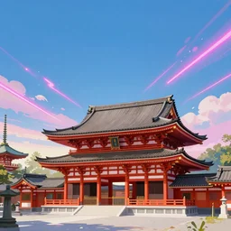 A beautiful painting of a japanese temple, neon lights sky across a tumultuous clouds by greg rutkowski and thomas kinkade, Trending on artstation, unreal engine