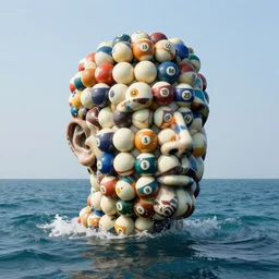a long shot of a giant sculpture of a human head made out of billiard balls, on the surface of the ocean, in the style of chad knight, hyper detailed, hyper realistic, ray tracing, 8 k resolution, sharp focus, realistic water