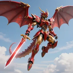 a mecha anthro dragon floating in the sky holding a shiny red sword, hyperrealistic, unreal engine, cryengine, 3D