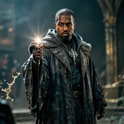 kanye west as a wizard wizard in skyrim, superhero, splash art, movie still, cinematic lighting, ray tracing, octane render, long lens, shallow depth of field, bokeh, anamorphic lens flare, 8 k, hyper detailed, 3 5 mm film grain