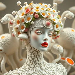 beautiful carved porcelain ivory woman biomechanical cyborg, elegant haute couture, iris van herpin, laser cut foliage mesh, headdress with daisies, colorful puffballs, mushrooms, rhizomorphs, brackets, sponge corals, red plump lips, hyper detailed, ultra sharp, soft light, 8 k, uhd