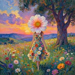 girl with giant flower as a face, surreal photography, dream, dress made from the flower field she walks through, hills, big trees, sunrise dramatic light, impressionist painting, colorful clouds, digital painting, pointillism, artstation, simon stalenhag