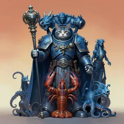 full character potrait of a genetic combination between cat & lobster & octopus & dragon, holding a ceremonial staff, wearing a cloak, zdzislaw beksinski, lewis jones, dariusz zawadzki, wayne barlow, warhammer fantasy, cold hue's, warm tone gradient background, concept art, 4 k, ultra - high - definition