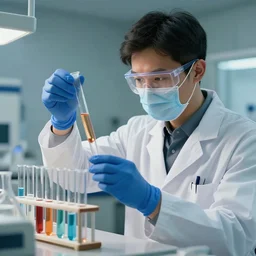 beautiful work illustration hyperrealism cinematic hyperrealistic style where a scientist appears using test tubes