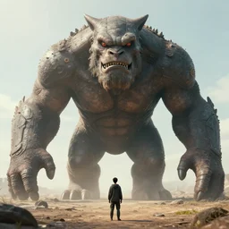 Tiny human standing in front of gigant monster, octane render, trending on artstation, greg rutkowski very coherent symmetrical artwork. cinematic, hyper realism, high detail, octane render, 8k