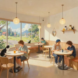 a mixed media painting of the interior of an aesthetic japanese cat cafe, minimalist, by simon stalenhag, frank frazetta, greg rutkowski, beeple, yoko taro, christian macnevin, beeple, wlop and krenz cushart, epic fantasy character art, volumetric outdoor lighting, midday, high fantasy, cgsociety, cheerful colours, full length, exquisite detail, post - processing, masterpiece, cinematic