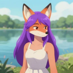 a girl with fox ears and purple hair wearing a simple sundress, this fox girl has a pronounced snout and two pointed black ears, beautiful lake background, illustration by furaffinity, deviantart, furry art