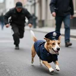 a dog wearing a policeman uniform, chasing a robber down a street, news story photo