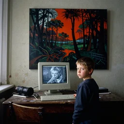 photo of a standing figure of a five years old boy in front of a pc computer monitor in an old dirty soviet apartment by and mark brooks, rich deep colors. beksinski painting, from a movie by david cronenberg. masterpiece. photographed with leica summilux - m 2 4 mm lens, iso 1 0 0, f / 8, portra 4 0 0, kodak film, anamorphic lenses.