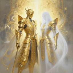 intricately decorated paladin and ghost duo, golden, ethereal back light, mist, coherent composition, fantasy painting by artgerm, noriyoshi ohrai, yuumei