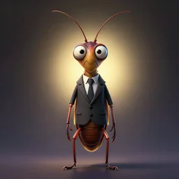 full body shot of a thin anthropomorphic cockroach with big eyes wearing a suit with a tie, with long thin antennae, trending on artstation, trending on deviantart ,backlighting, 8k, hyper detail illustration, symmetrical, correct proportions, 3d render, by tim schafer, vibrant colors, by tim burton, studio ghibli