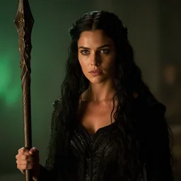 epic photo of young jessica biel as beautiful medieval sorceress with very long black hair, battle scene, holding her wizard staff, sweaty, neutral expression, perfect likeness, rim light glow, low contrast, soft light, low light, green hue, shallow depth of field, photorealistic, cinematic lighting, lovely bokeh, warm colours, night time, movie quality, green glow from the left, excalibur 1 9 8 5, movie still, cinemascope