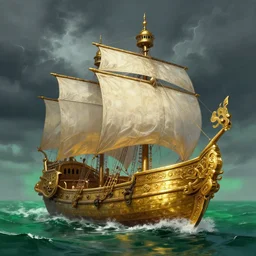 gold galleon ship, green sea, storm. fantasy, digital painting, hd, detailed.
