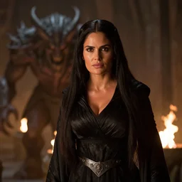 epic photo of salma hayek as beautiful wizard wearing a black satin robe and metal belt in lord of the rings with long straight black hair fighting the terrifying balrog in the mines of moria, sweaty, detailed eyes, neutral expression, shallow depth of field, photorealistic, cinematic lighting, lovely bokeh, dungeon setting, dark moody light, strong rim light, movie quality, fire light, flames, lord of the rings 1 9 8 5, movie still