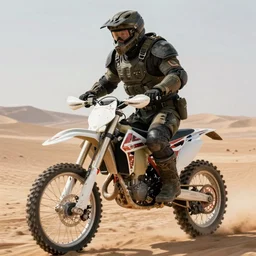 cinematic shot of james hetfield wearing combat armor and riding a dirt bike in the desert, very detailed, very intricate,