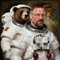 a bear in a astronaut suit and walter white, intricate, walter white, highly detailed, digital painting, artstation, concept art, smooth, sharp focus, illustration, walter white, unreal engine 5, 8 k, art by artgerm and greg rutkowski and alphonse mucha