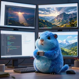 a cute blue colored gopher with blue fur programming on multiple monitors displaying many spreadsheets, digital art