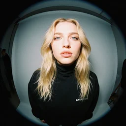 realistic photoshooting for a new balenciaga lookbook, color film photography, photo of a beautiful blonde woman, photo in style of tyler mitchell, fisheye lens,