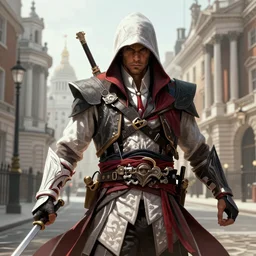 a detailed richard ayoade from assassin's creed in an action pose showing his stoic face, background 1 8 0 0's london, digital art, artstation hd, ubisoft concept art, concept art