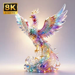 multicolored crystal phoenix statue, magical, light background, 8 k, unreal engine, octane render, hyperrealistic, rim light