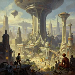 A strange science-fiction city, beautiful matte painting, Moebius, frank frazetta, sid mead, james gurney, thomas kinkade, rodney mathews, trending on artstation