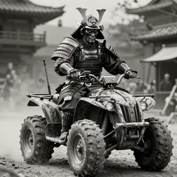 vertical movie frame with heavy furious warrior riding ancient wooden atv,  armor inspired by feudal japan and fashion, strong blooded body,  brutal blooded symmetrical face, epic,cinematic lighting, award winning, establishing shot, extremely high detail, photorealistic,  brutal, provocative , cinematic lighting, artstation, octane render, dark fantasy ,old photo, vintage, black and white, Boris vallejo, sepia, old photography, documentary photography