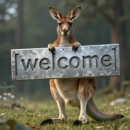 a kangaroo holding a sign made out of steel with the word [ welcome ] carved on it, digital art