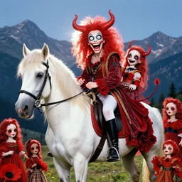 a colorful portrait photograph of divine riding a white horse in the mountains, with diabolical cursed creepy dolls, poppy playtime style, with crazy laughs and crazy eyes, taken by martin parr, saturated colour photo, back light flash, studio light, high definition, 8 k
