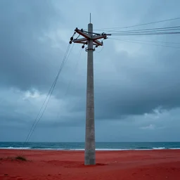 a concrete tower with several power cables coming from the top of the tower and going out of frame, the tower stands in red sand beach, ocean nearby, cloudy day, blue hour, by filip hodas, by simon stalenhag, cinematic, dramatic light, concept art, matte painting, trending on artstation, dystopia, cyberpunk