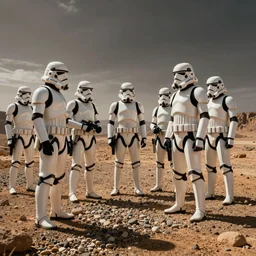 Photo, cinematic tone, stormtroopers staring at pebbles on the ground, in planet Tatooine.