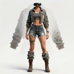 samara weaving as a wanderer with tattooed arms and legs wearing a scratched and partially ripped aviator outfit full of stitches, wearing a short jacket, character sheet, details, props, concept design, contrast, kim jung gi, greg rutkowski, zabrocki, karlkka, jayison devadas, trending on artstation, 8 k, ultra wide angle, pincushion lens effect