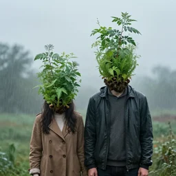 a couple with plants growing out of their heads, growth of a couple, rainy day, atmospheric by greg rutkowski
