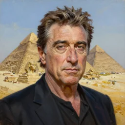 portrait oil painting of robert de niro as robert the nilo, egypcian, pyramids, nilo river, ultra realistic, intricate details, luminous skies, highly detailed, michael cheval, peter mohrbacher, boris vallejo, jessica rossier, oil painting, highly detailed, cinematic lighting