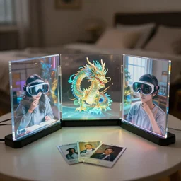 curved transparent 3 d videoscreens with dragon, volumetric lighting, bedroom, visor, users, pair of keycards on table, bokeh, creterion collection, shot on 7 0 mm, instax