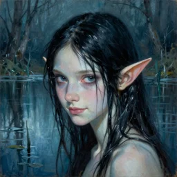smirking rusalka of the blighted swamp, aquiline features, thin, young black shimmering hair, by brian froud, cold secondary colors, colors reflecting on lake, oil on canvas