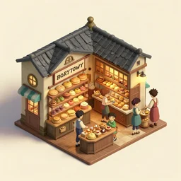 isometric view of the busytown bakery, soft warm lighting, by greg rutkowski and studio ghibli, 8 k, photorealistic, unreal engine 5 tech demo, extreme detail, octane render