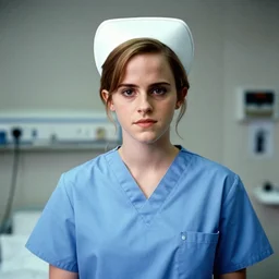 emma watson, nurse scrubs, hospital, portrait, mid view head and shoulders, award winning, kodak ektachrome expired blue tint, film still from movie nurses on patrol ( 1 9 8 5 )